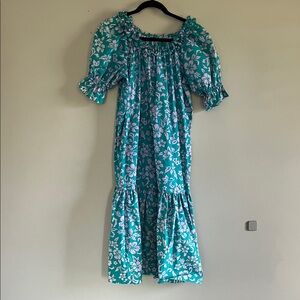 Hilo Hattie Turquoise Floral Long Sleeve Hawaiian Muumuu